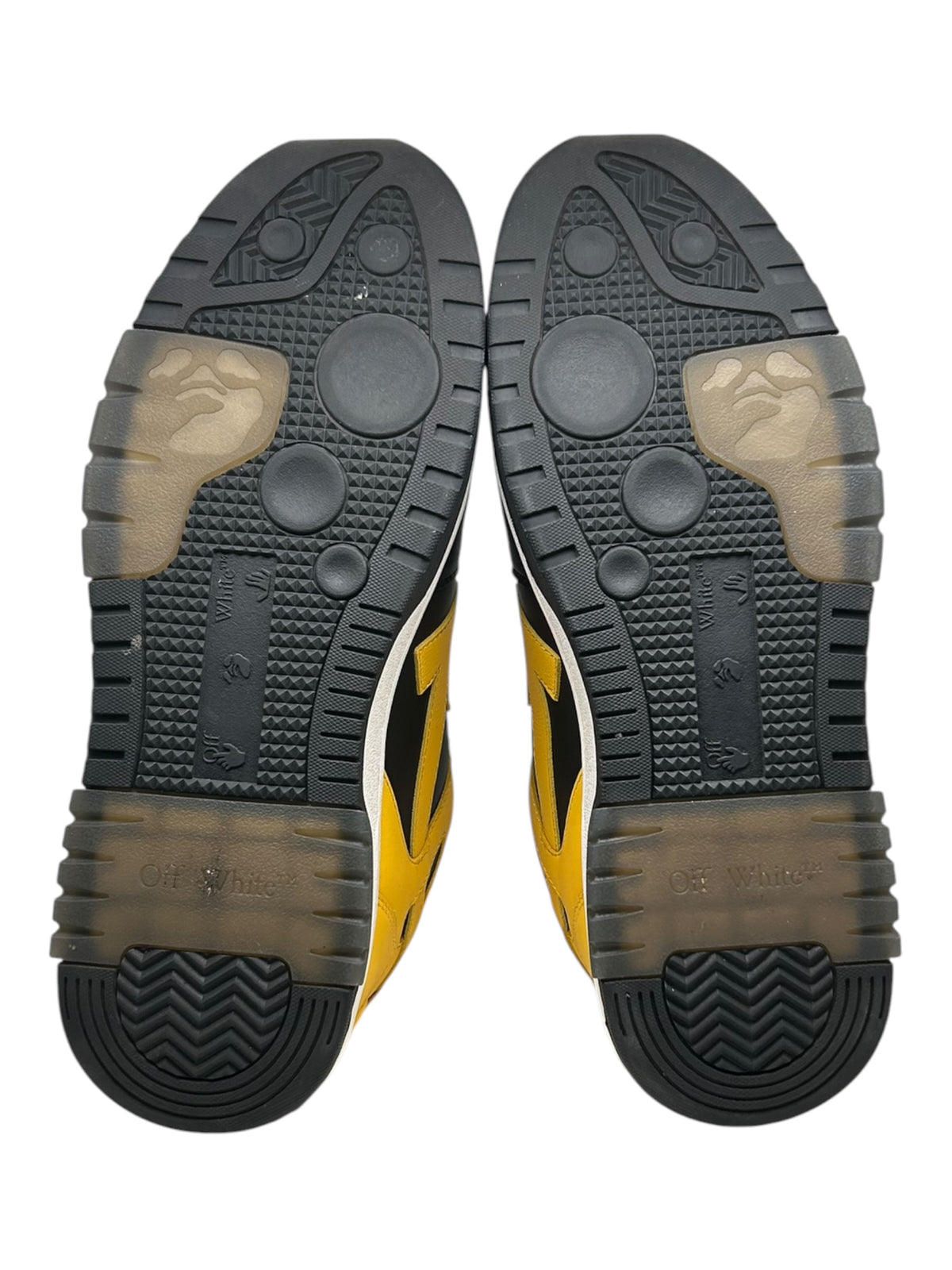 PREOWNED OFF WHITE OUT OF OFFICE BLACK AND YELLOW SHOES