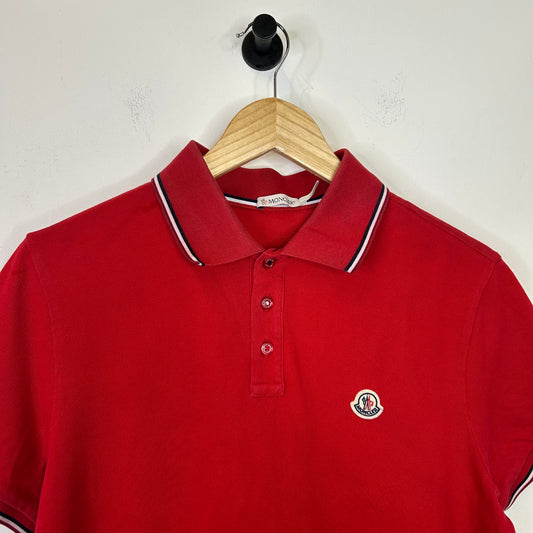 MONCLER RED EMBROIDERED LOGO STRIPED RIB POLO