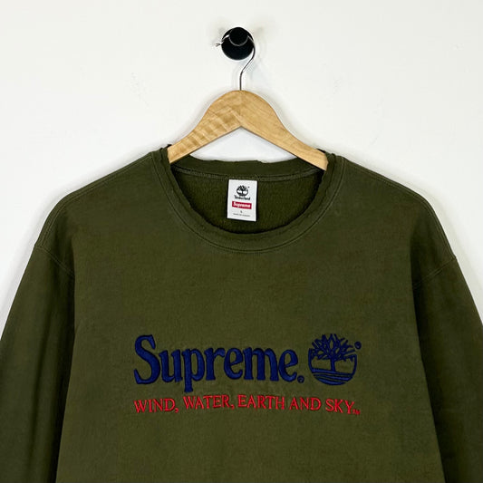 SUPREME TIMBERLAND OLIVE EMBROIDERED CREWNECK