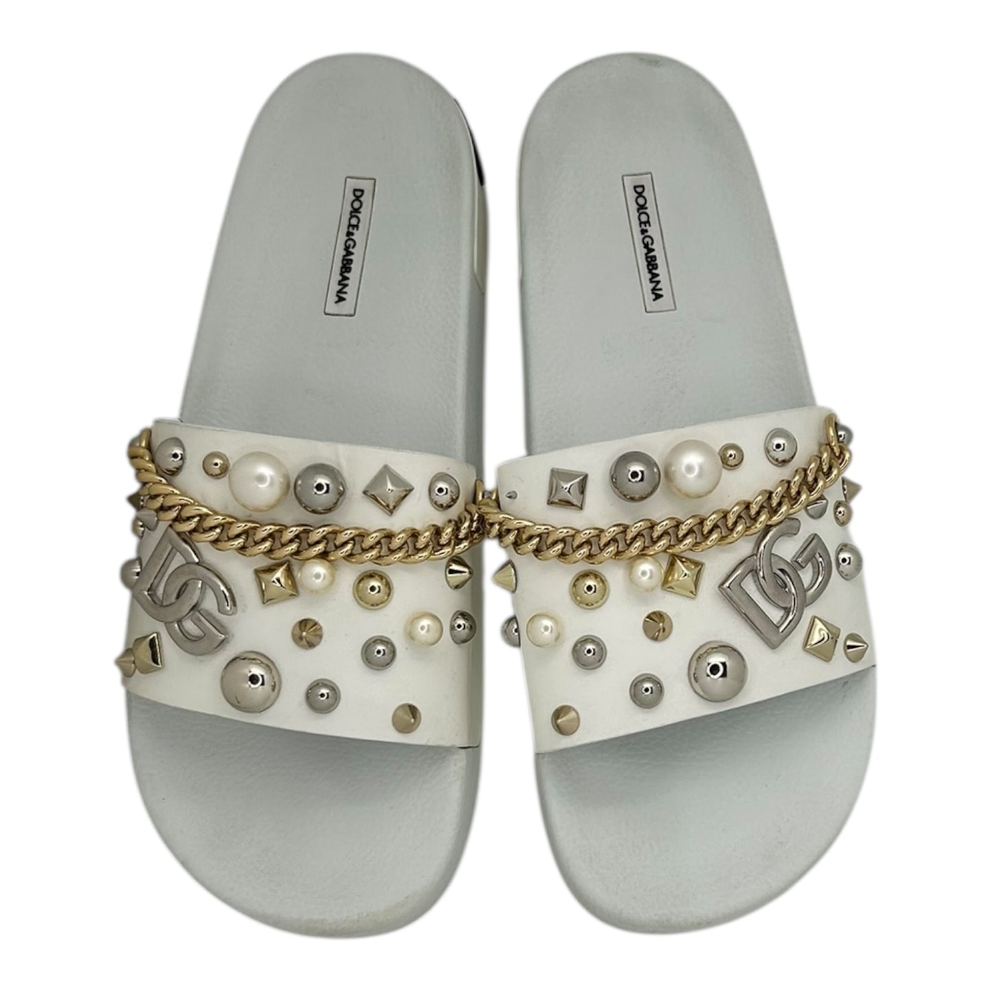 PREOWNED DOLCE AND GABBANA EMBELLISHED STUDDED LOGO SLIDES