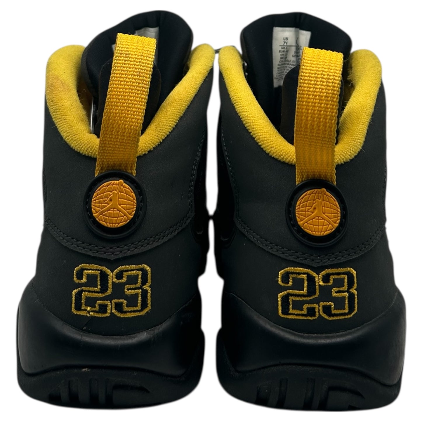 PREOWNED JORDAN 9 CHARCOAL UNIVERSITY GOLD SIZE 7Y