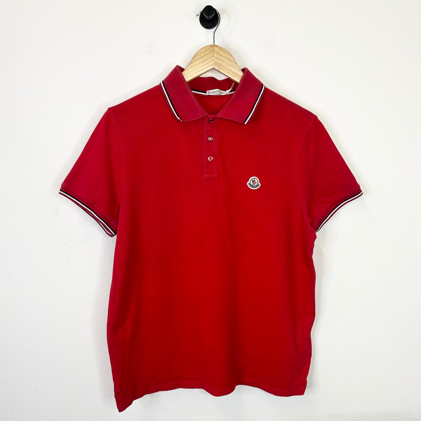 MONCLER RED EMBROIDERED LOGO STRIPED RIB POLO