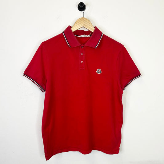 MONCLER RED EMBROIDERED LOGO STRIPED RIB POLO