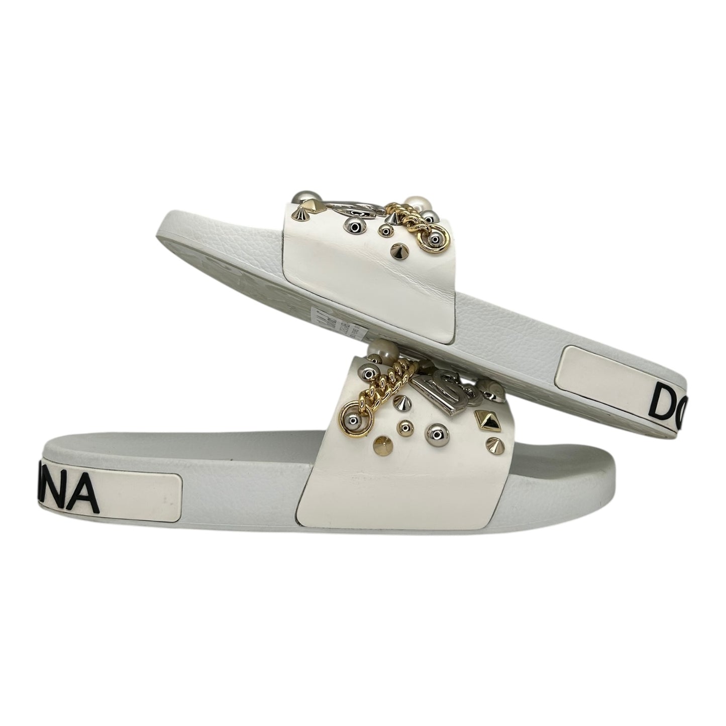 PREOWNED DOLCE AND GABBANA EMBELLISHED STUDDED LOGO SLIDES