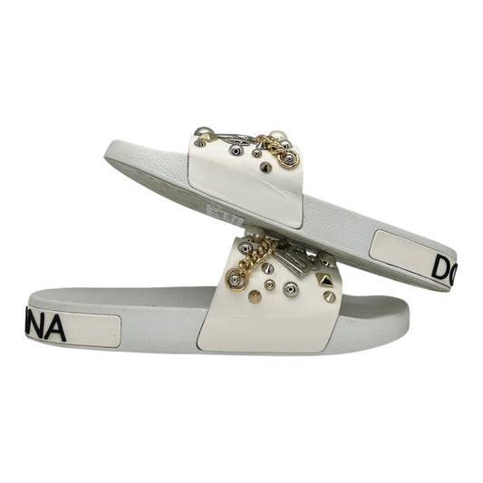 PREOWNED DOLCE AND GABBANA EMBELLISHED STUDDED LOGO SLIDES