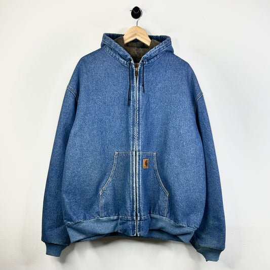 CARHARTT BLUE DENIM BROWN FLANEL INSIDE HOODED JACKET