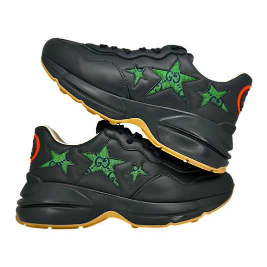 PREOWNED GUCCI RHYTON EXCLUSIVE GG STARS BLACK LEATHER TRAINER