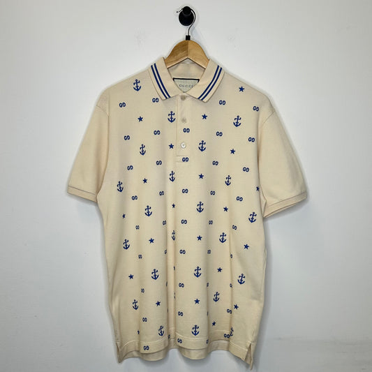 GUCCI CREAM GG ANCHOR EMBROIDERED POLO TEE