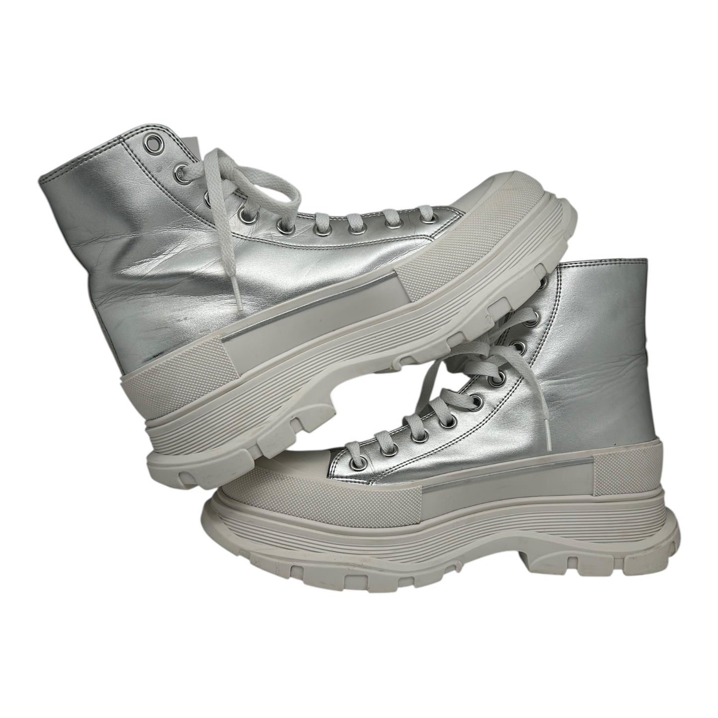 PRE OWNED ALEXANDER MCQUEEN TREAD HIGH SILVER BOOT