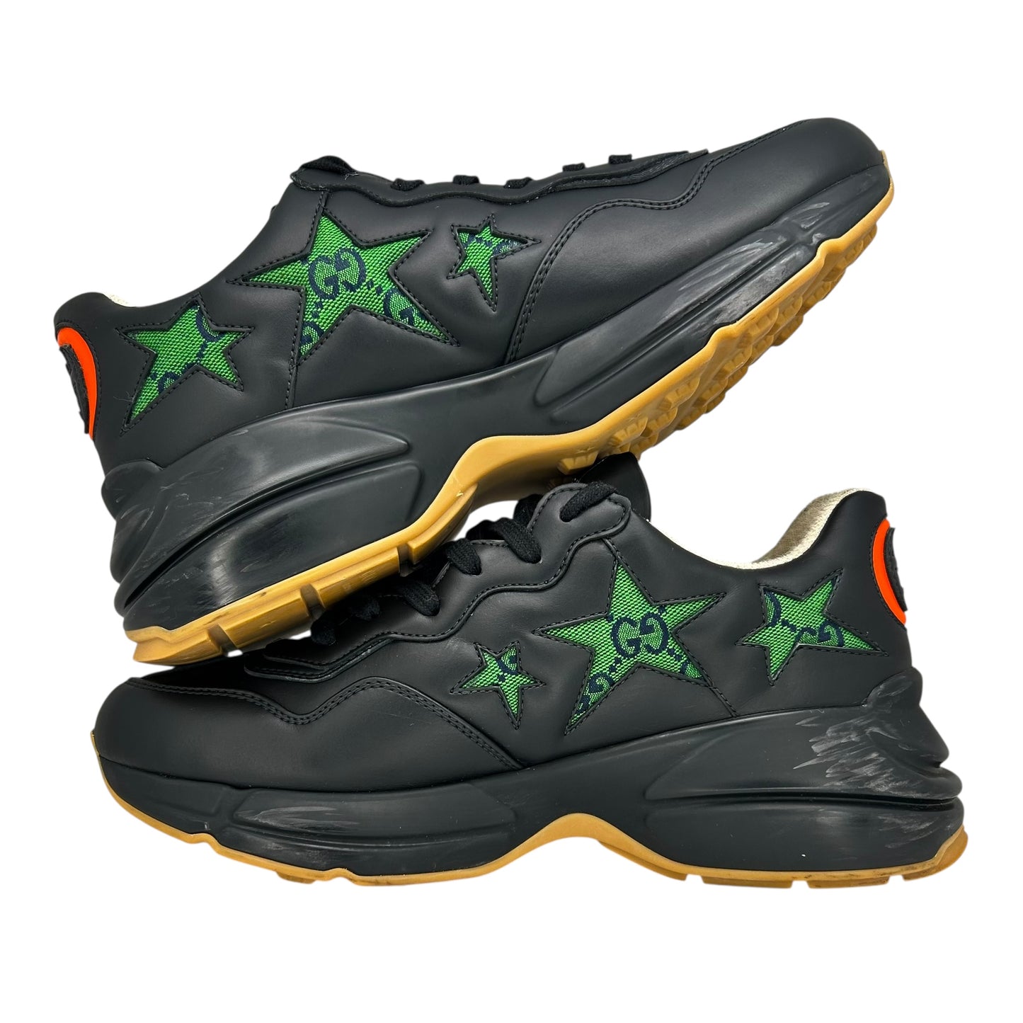 PREOWNED GUCCI RHYTON EXCLUSIVE GG STARS BLACK LEATHER TRAINER