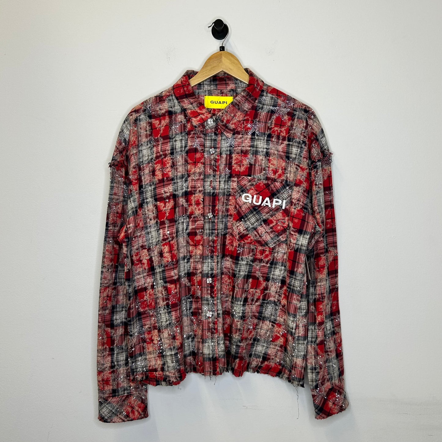 GUAPI RED FLANNEL RHINESTONE BUTTON UP