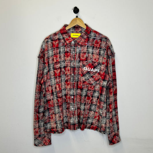 GUAPI RED FLANNEL RHINESTONE BUTTON UP