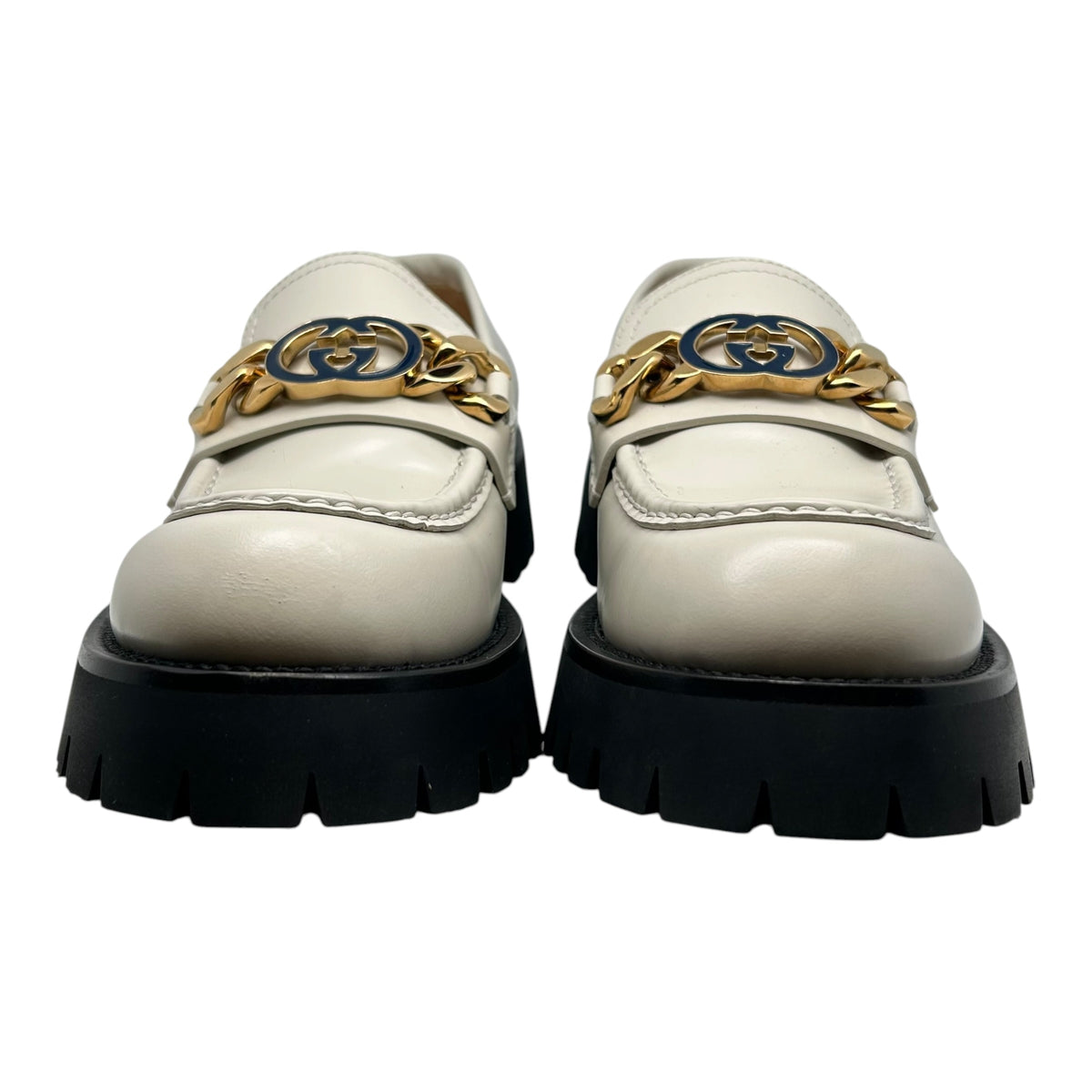 PREOWNED GUCCI JEANNE INTERLOCKING CHUNKY LOAFERS WHITE GOLD LEATHER MAXI GG
