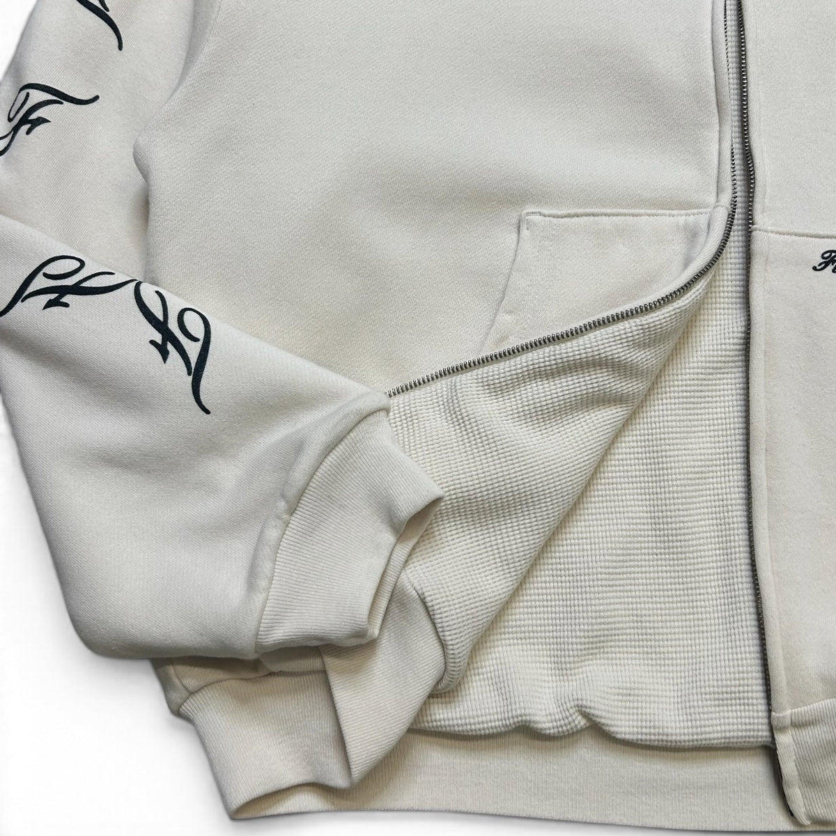 TRIPLE LOGO THERMAL LAYER ZIP UP HOODIE - CREAM
