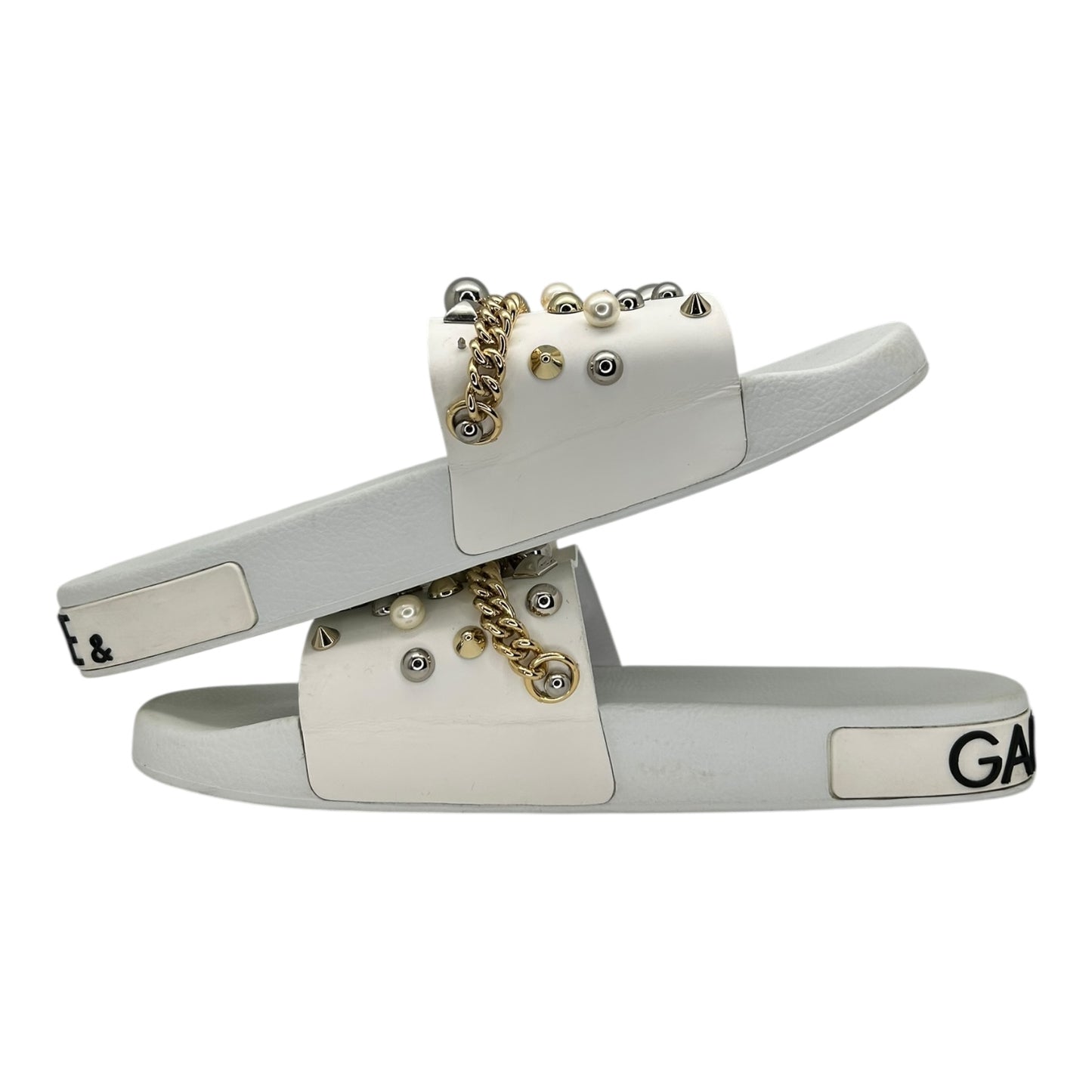 PREOWNED DOLCE AND GABBANA EMBELLISHED STUDDED LOGO SLIDES