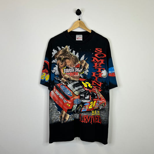 1997 JURASSIC PARK SOMETHING HAS SURVIVED RACING TEE