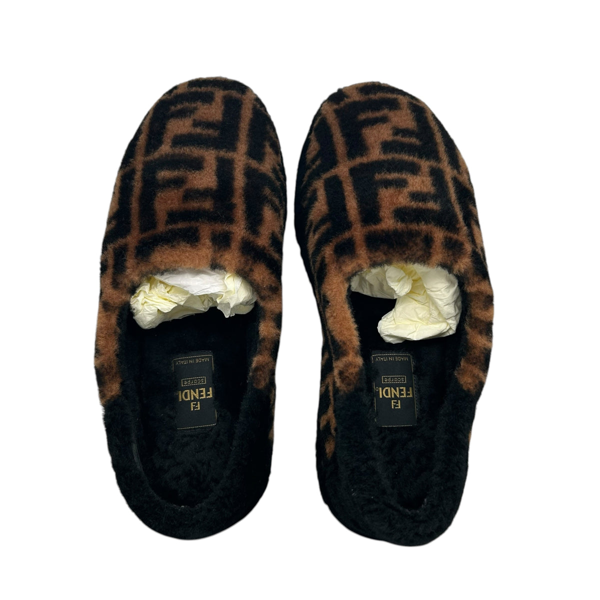 PREOWNED FENDI FF LOGO SHEARLING SLIPPERS