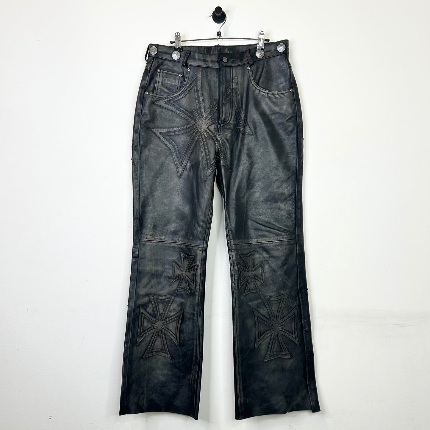 VALLEY DREAMS GUNMETAL BLACK LEATHER PATCH PANTS