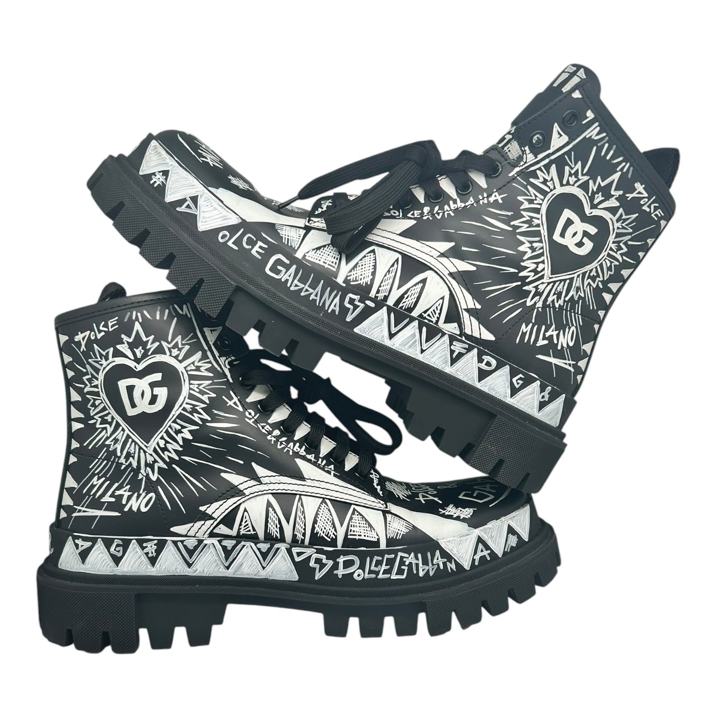 PREOWNED DOLCE AND GABBANA LEATHER PRINTED COMBAT BOOTS