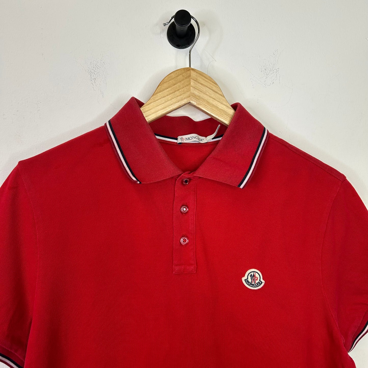 MONCLER RED EMBROIDERED LOGO STRIPED RIB POLO