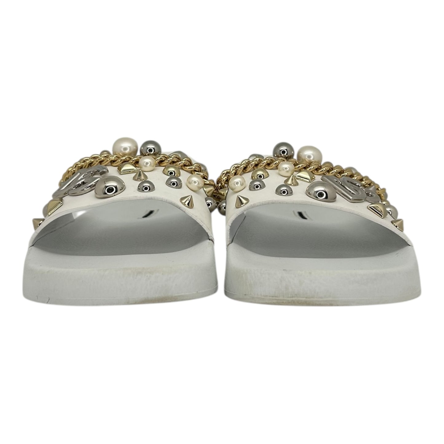 PREOWNED DOLCE AND GABBANA EMBELLISHED STUDDED LOGO SLIDES