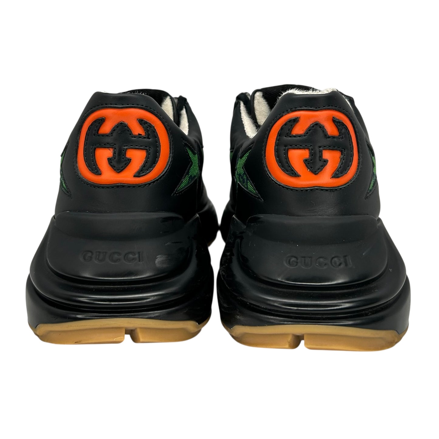 PREOWNED GUCCI RHYTON EXCLUSIVE GG STARS BLACK LEATHER TRAINER