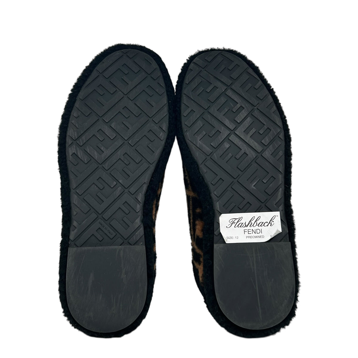 PREOWNED FENDI FF LOGO SHEARLING SLIPPERS