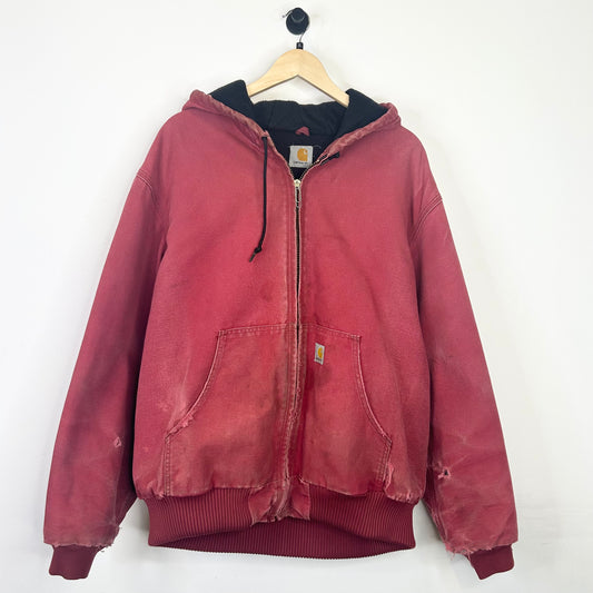 CARHARTT RED FADED AND DISTRESSED HOODED JACKET
