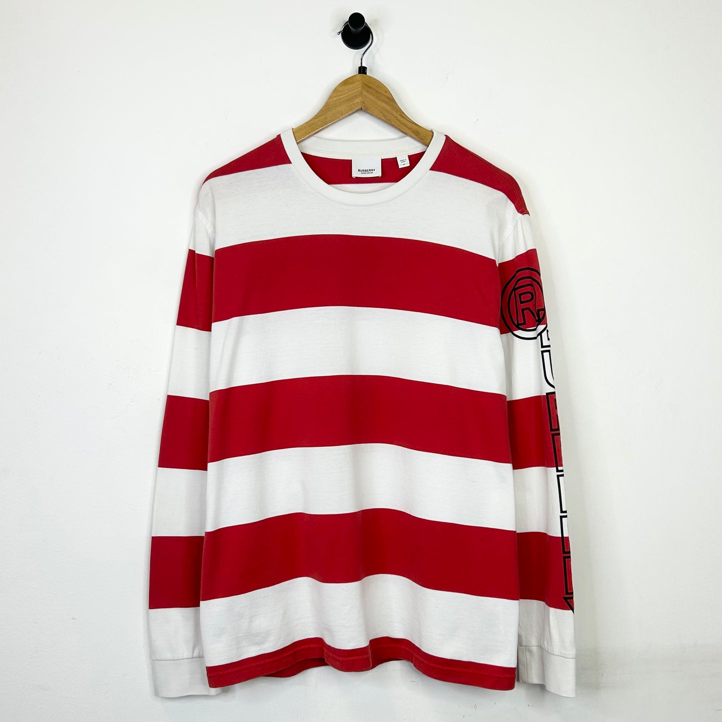 BURBERRY RED WHITE STRIPED SPELLOUT LONGSLEEVE