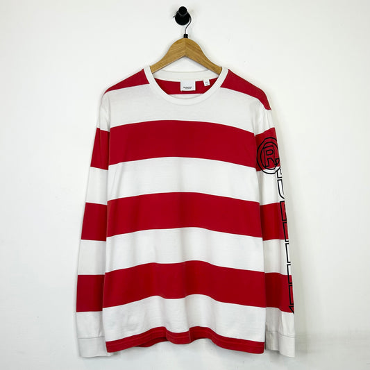 BURBERRY RED WHITE STRIPED SPELLOUT LONGSLEEVE