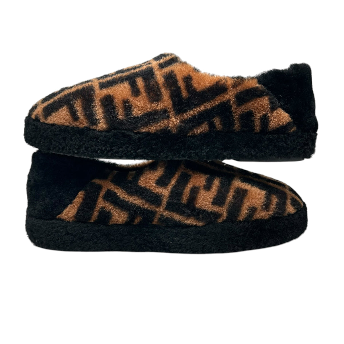 PREOWNED FENDI FF LOGO SHEARLING SLIPPERS