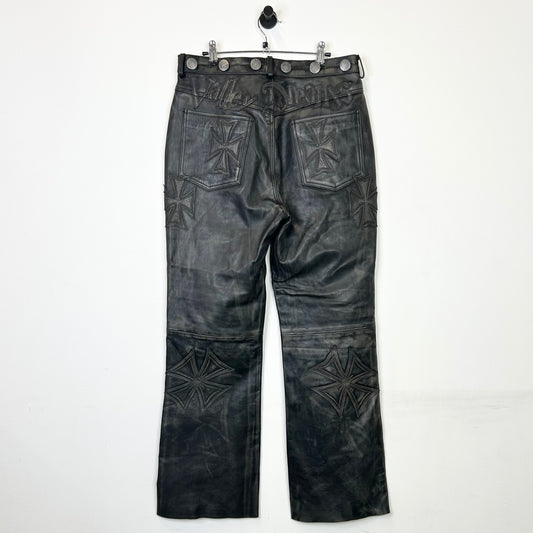 VALLEY DREAMS GUNMETAL BLACK LEATHER PATCH PANTS