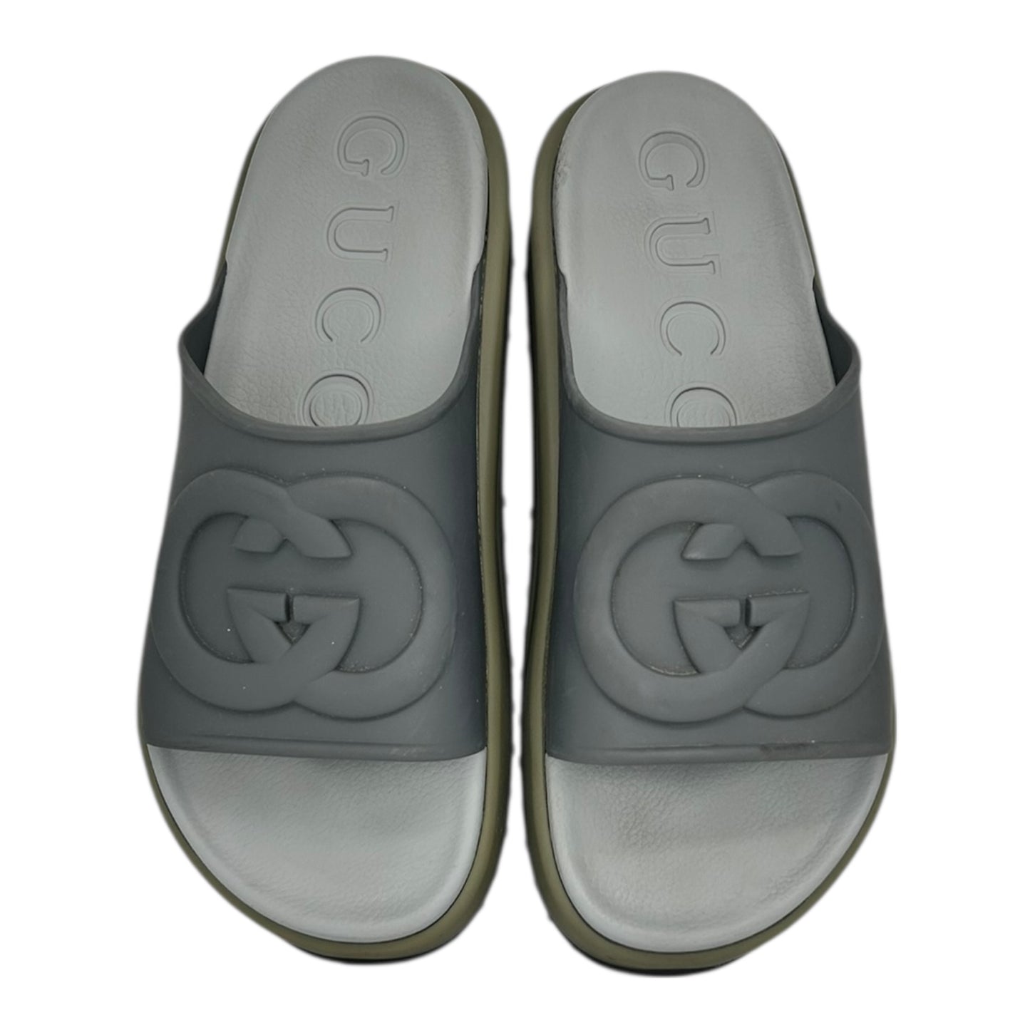 PREOWNED GUCCI INTERLOCKING G SLIDE DARK GREY KHAKI
