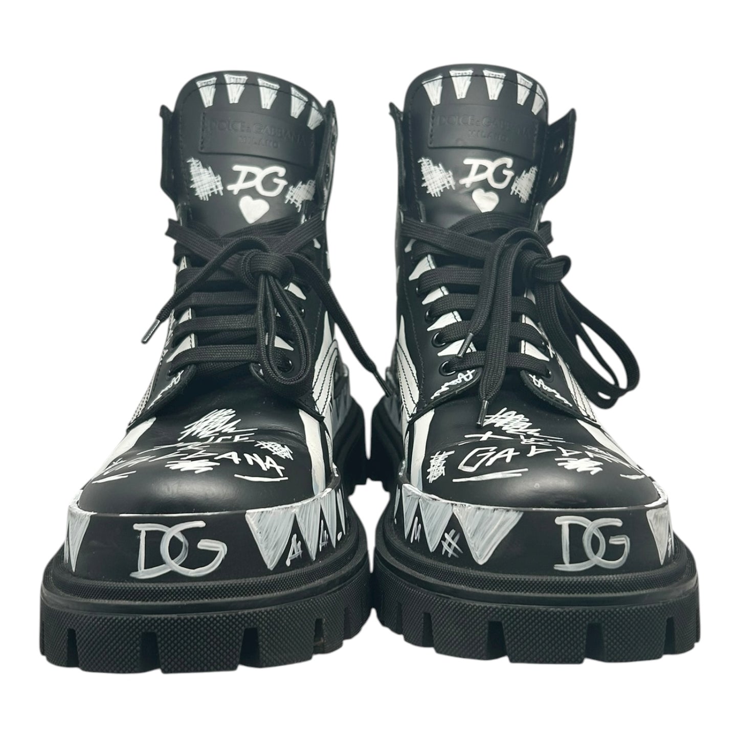 PREOWNED DOLCE AND GABBANA LEATHER PRINTED COMBAT BOOTS