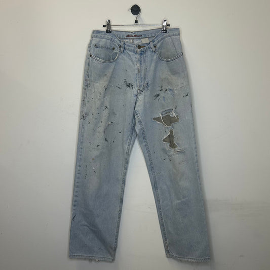 PREOWNED EDDIE BAUER LIGHT DENIM PAINT NAVY BLUE SPLAT 33x32