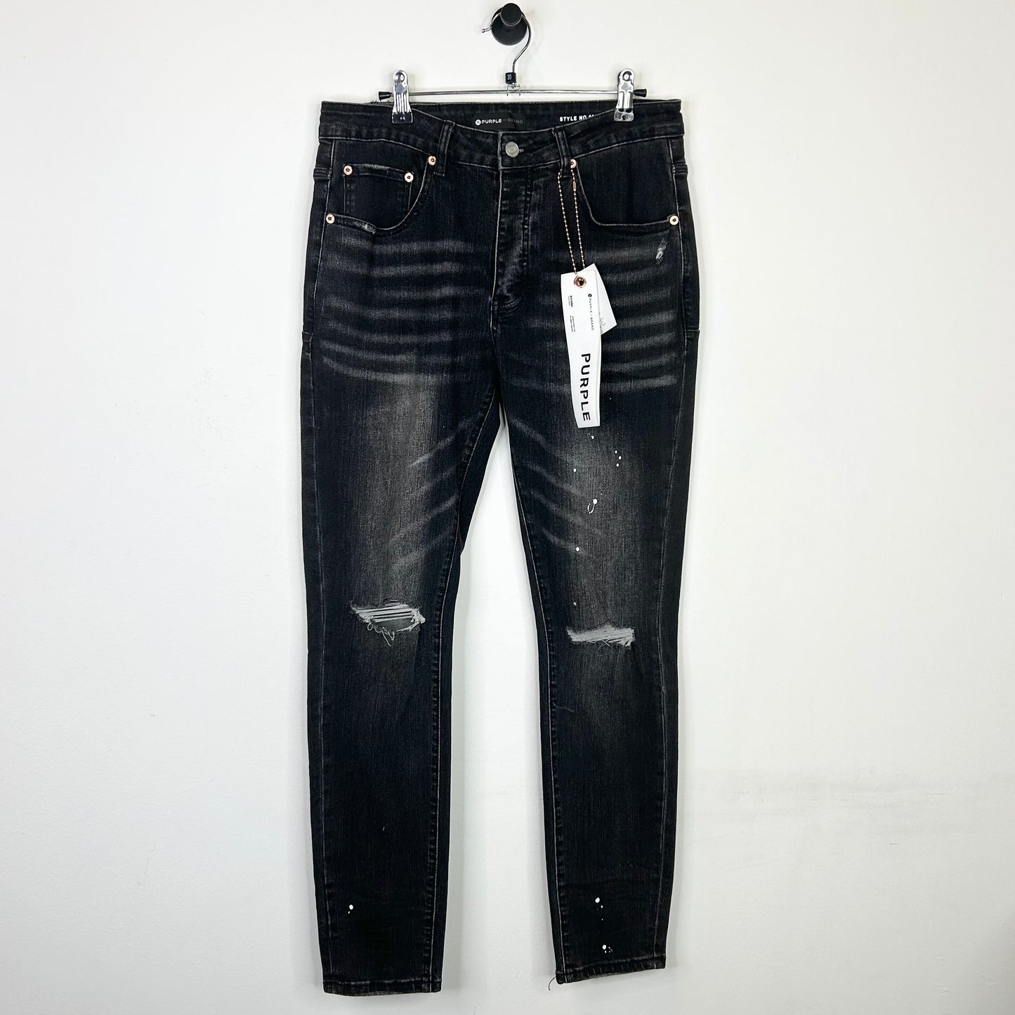 PURPLE SKINNY RIPPED WHITE PAINT SPLATTER BLACK JEANS
