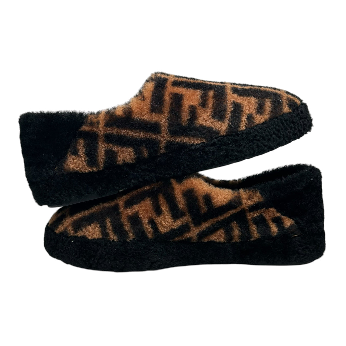 PREOWNED FENDI FF LOGO SHEARLING SLIPPERS