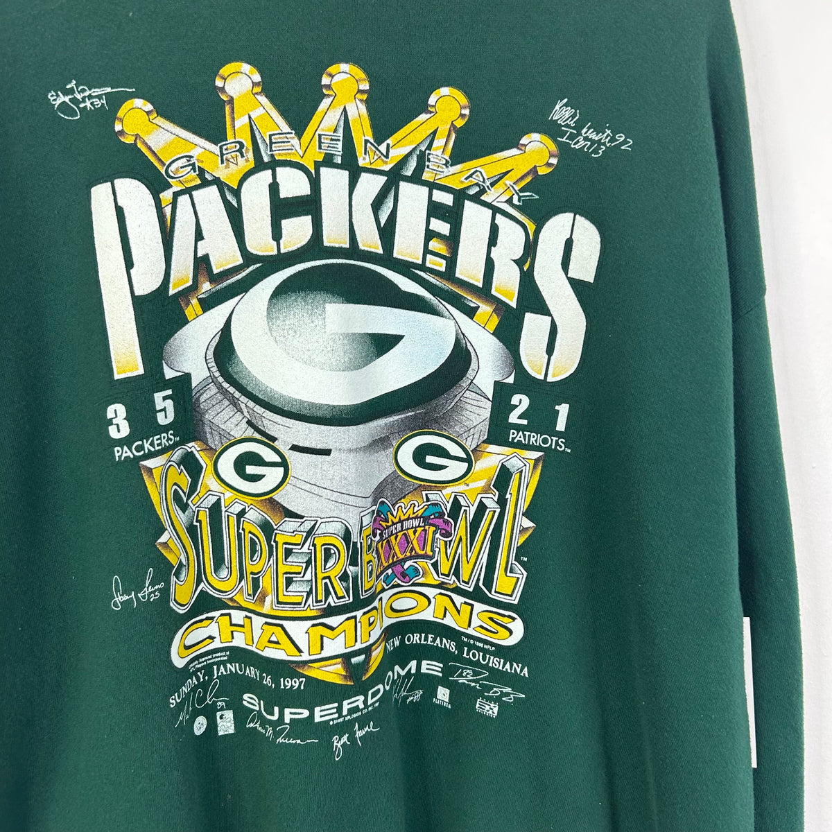 VINTAGE 1997 SANTEE GREEN BAY PACKERS SUPREME BOWL XXXI CHAMPIONS CROWN & RING GRAPHIC CREWNECK SWEATSHIRT
