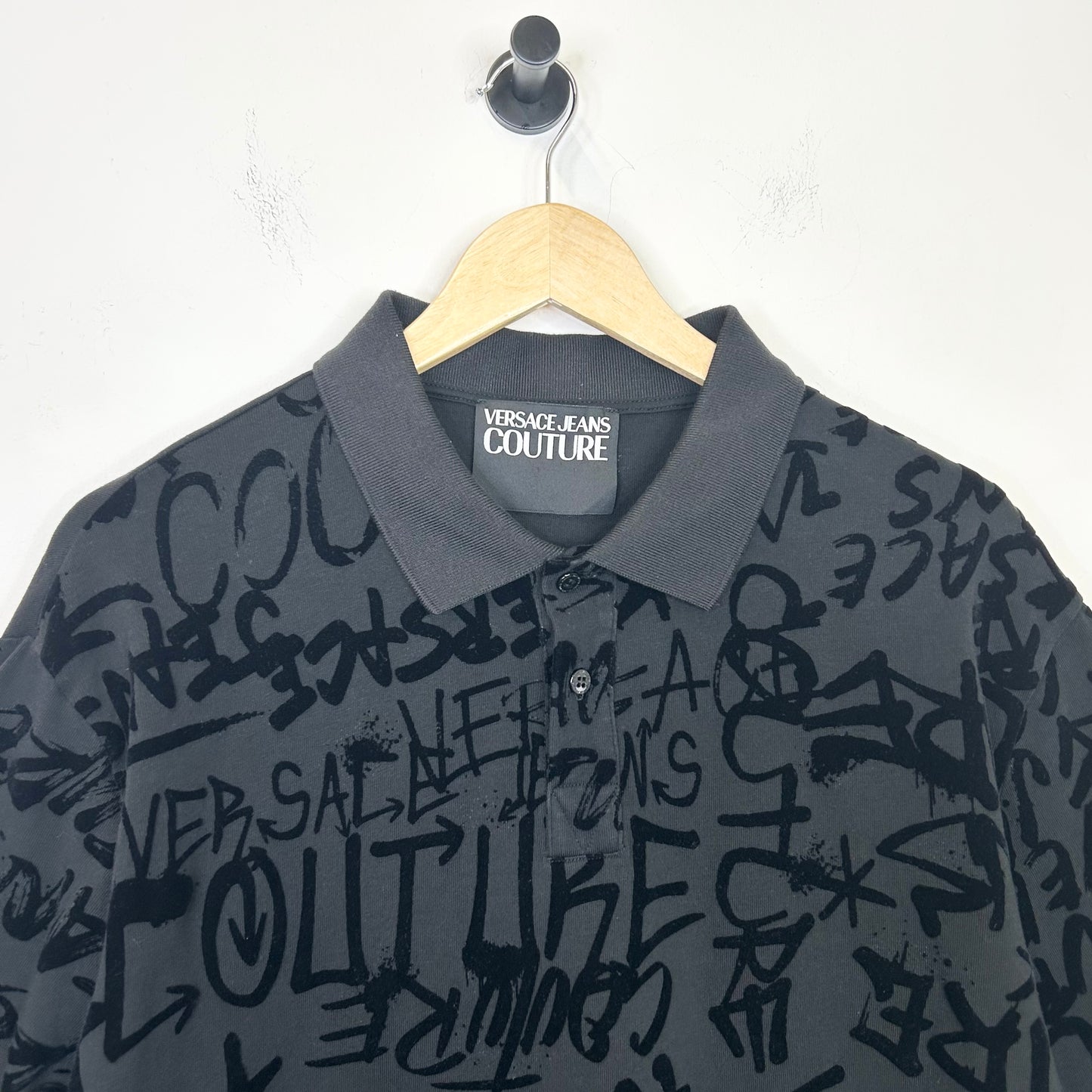 VERSACE BLACK GRAFFITI PRINT POLO