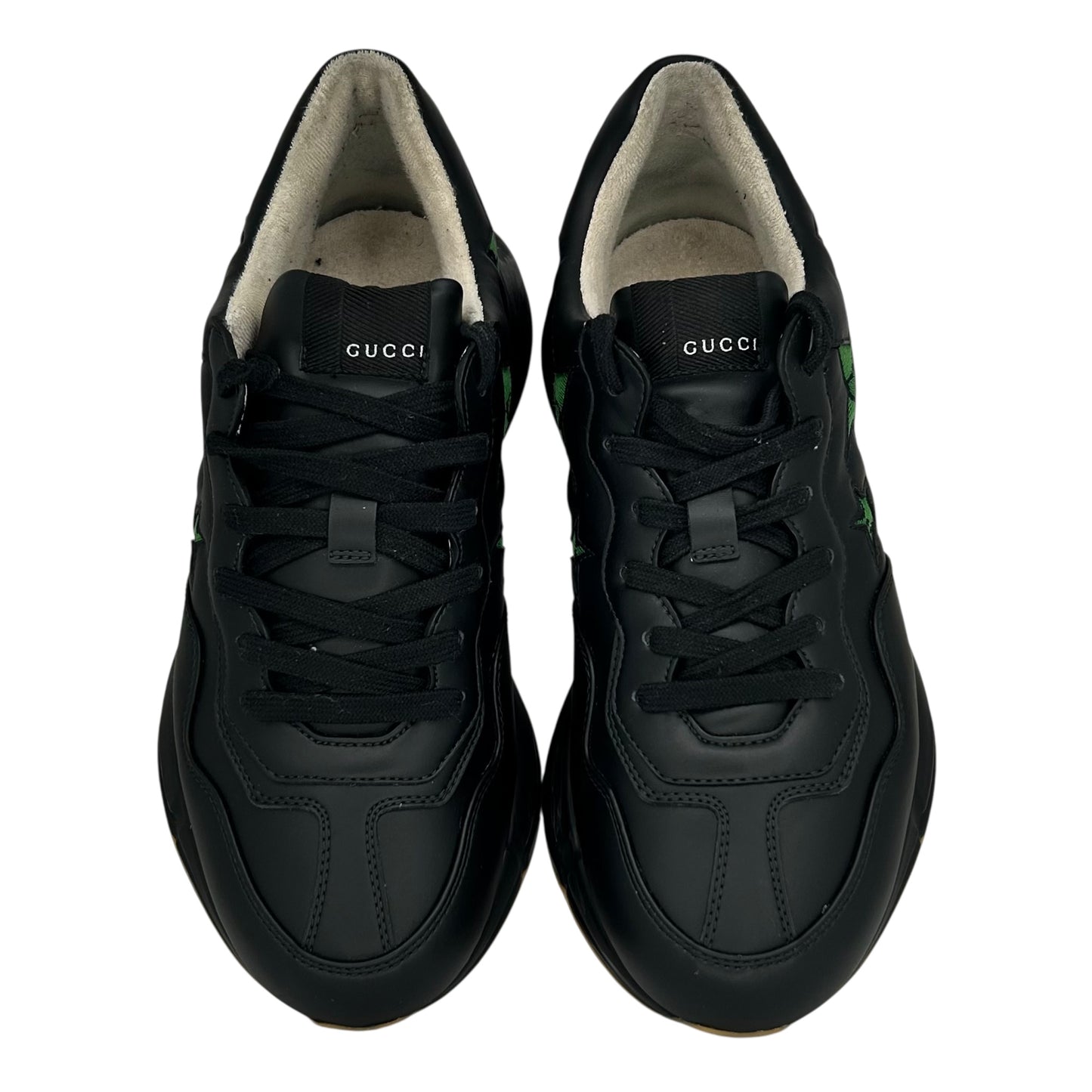 PREOWNED GUCCI RHYTON EXCLUSIVE GG STARS BLACK LEATHER TRAINER