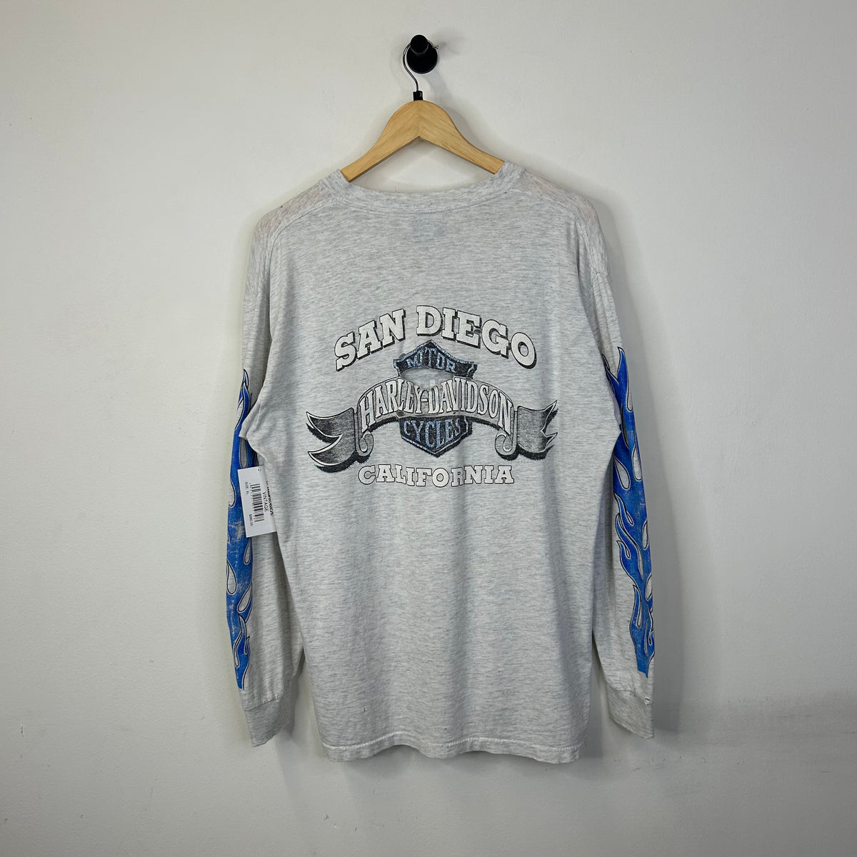 HARLEY DAVIDSON VINTAGE DISTRESSED BLUE FLAME GRAY LONG SLEEVE