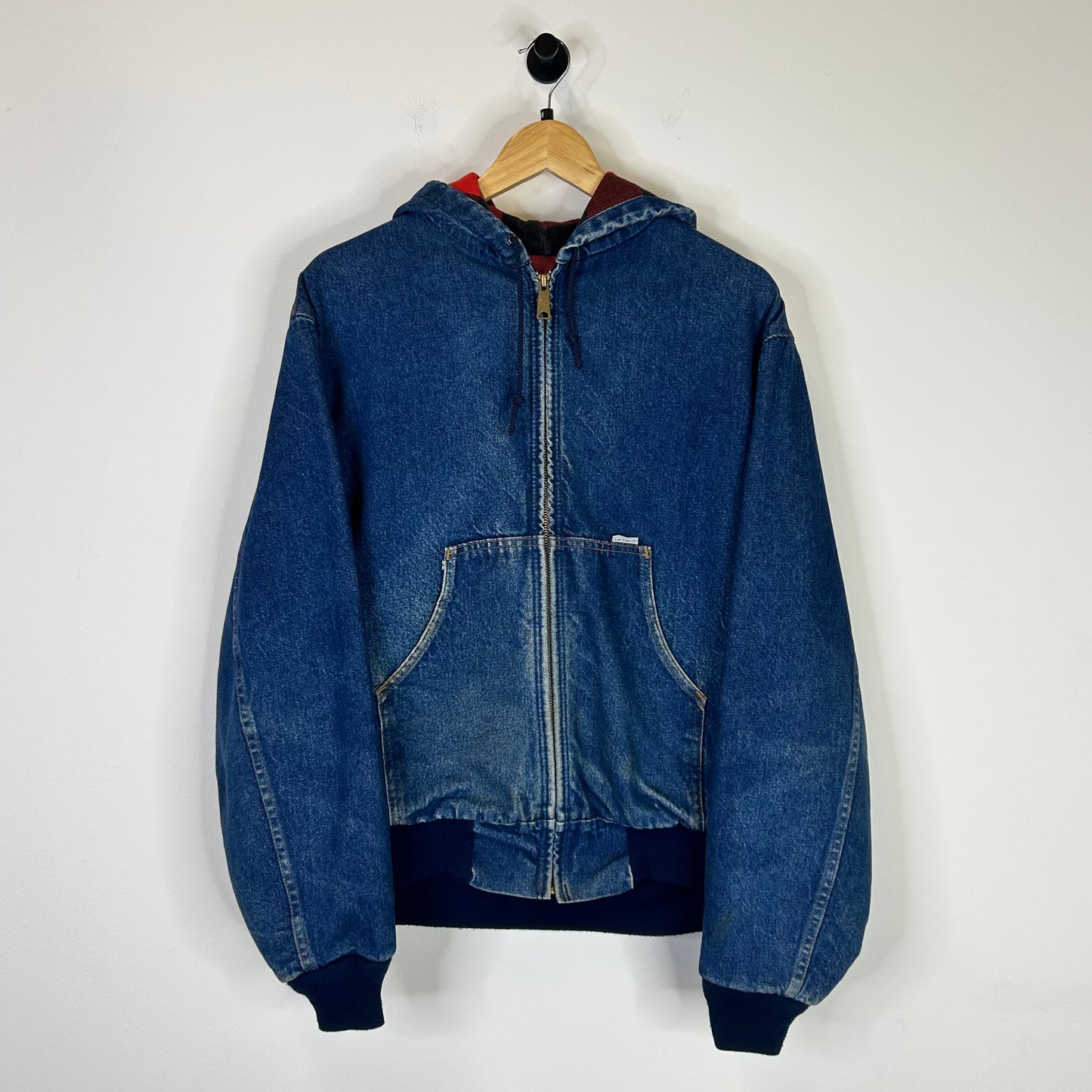 CARHARTT RED FLANEL LINED DENIM HOODED JACKET
