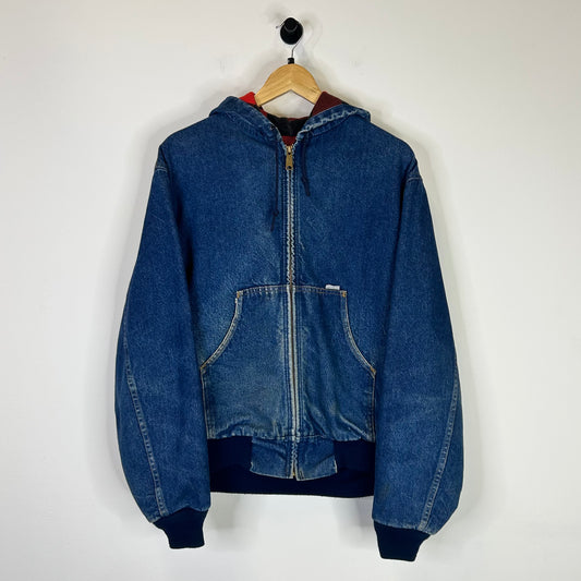 CARHARTT RED FLANEL LINED DENIM HOODED JACKET