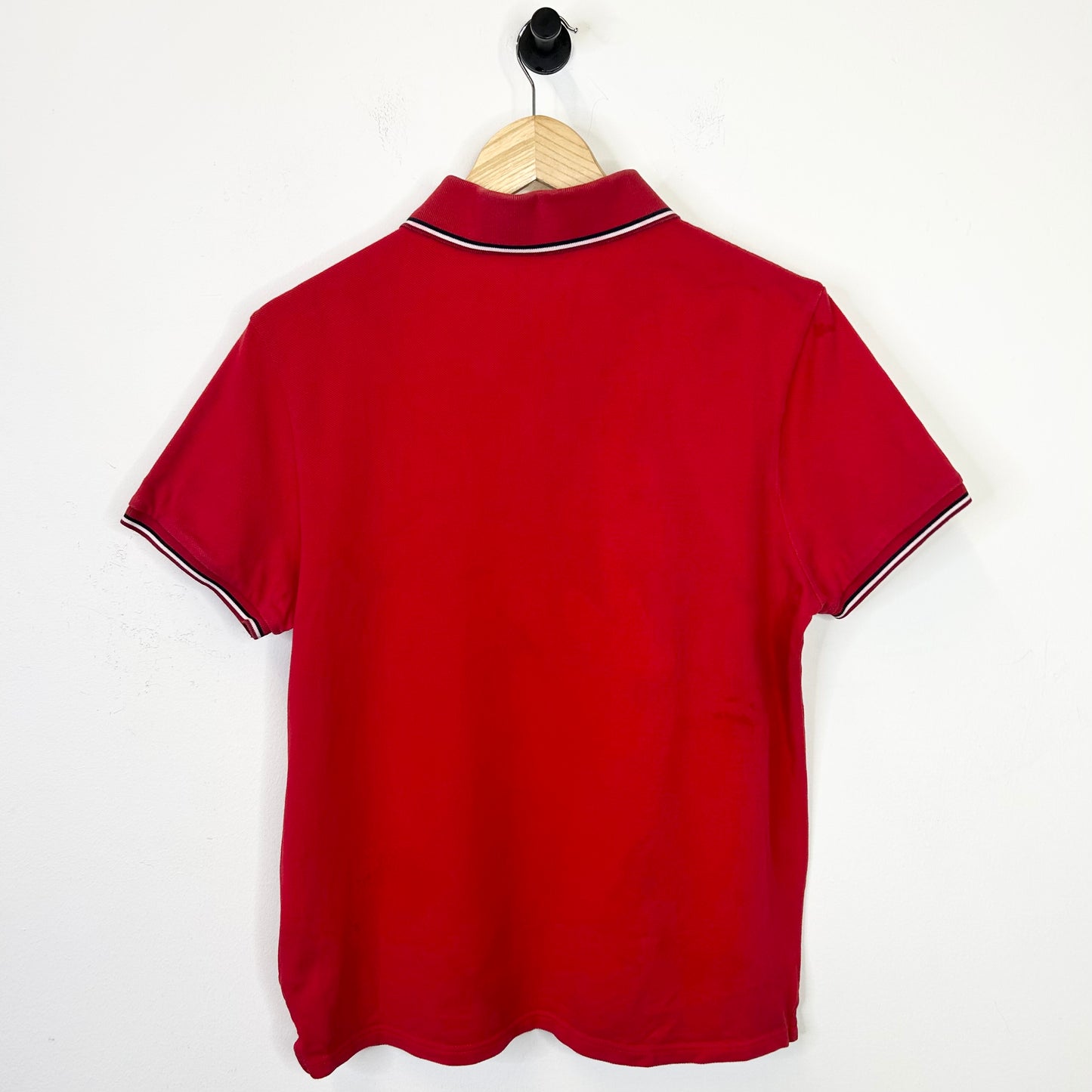 MONCLER RED EMBROIDERED LOGO STRIPED RIB POLO
