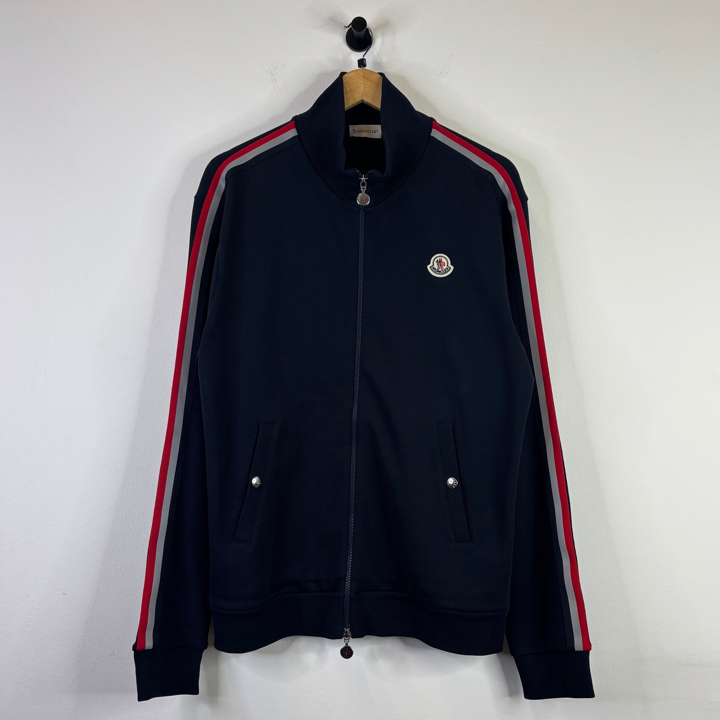 MONCLER NAVY RED WHITE STRIPED ZIP UP