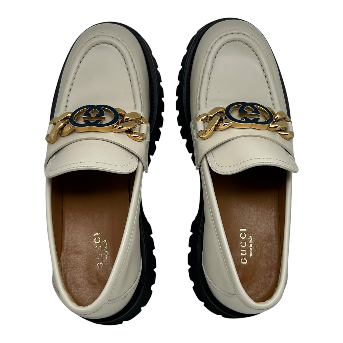 PREOWNED GUCCI JEANNE INTERLOCKING CHUNKY LOAFERS WHITE GOLD LEATHER MAXI GG