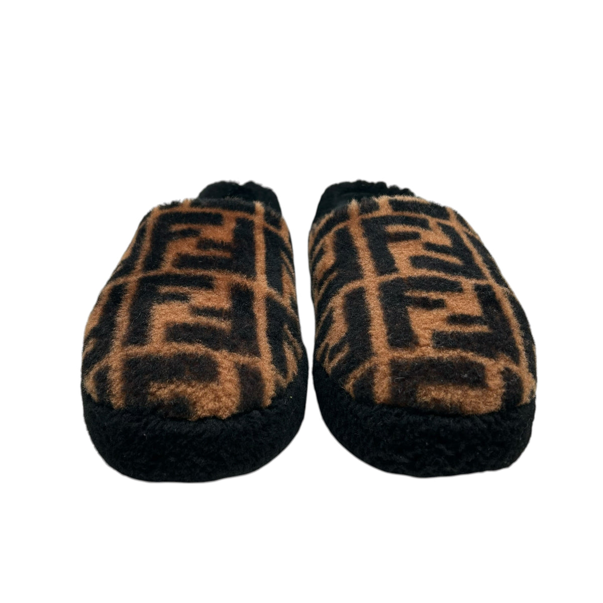 PREOWNED FENDI FF LOGO SHEARLING SLIPPERS