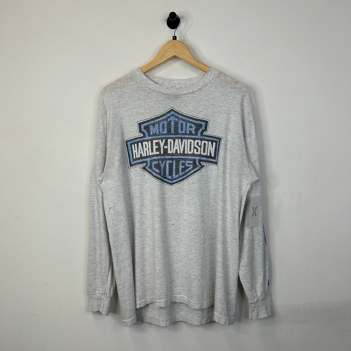 HARLEY DAVIDSON VINTAGE DISTRESSED BLUE FLAME GRAY LONG SLEEVE