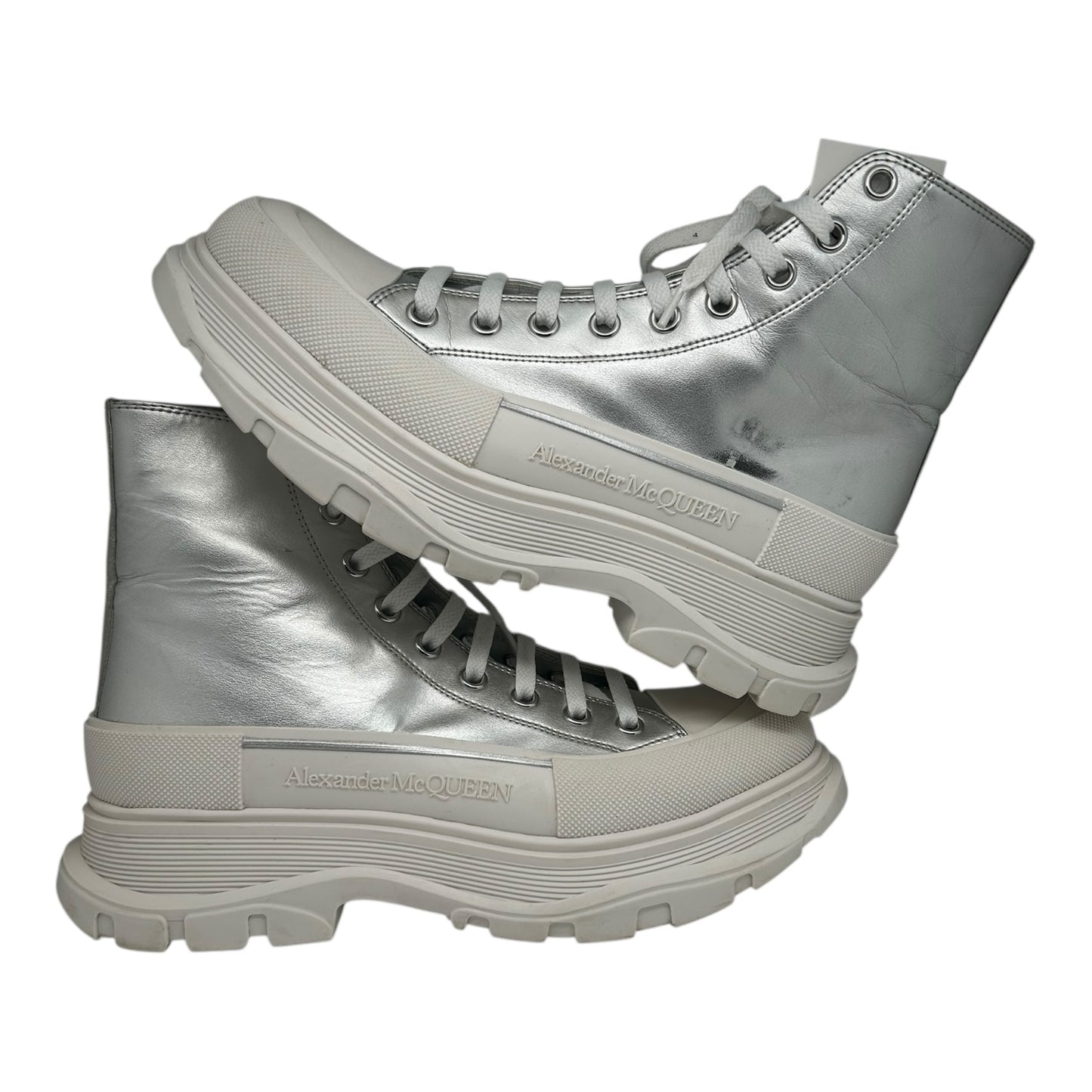 PRE OWNED ALEXANDER MCQUEEN TREAD HIGH SILVER BOOT