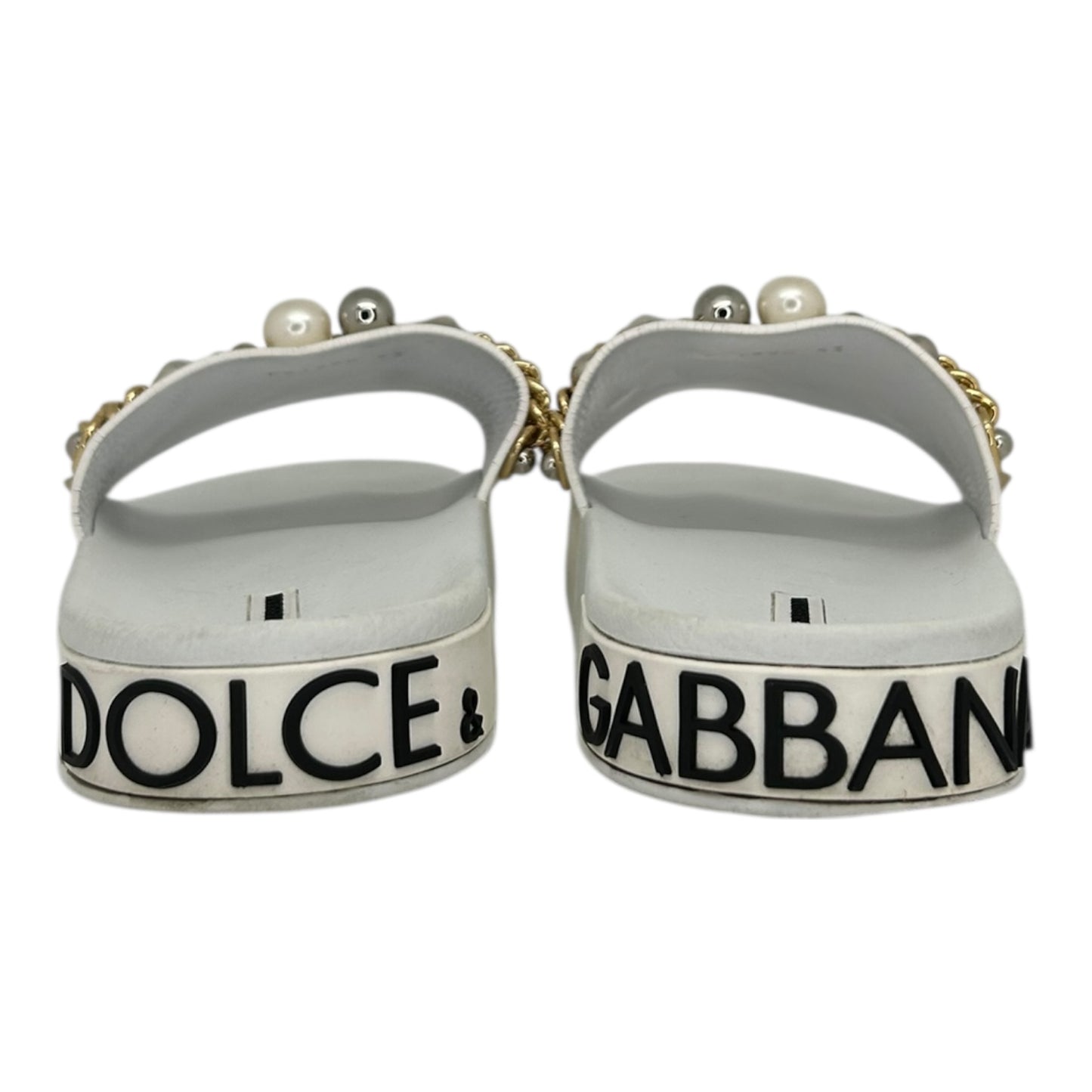 PREOWNED DOLCE AND GABBANA EMBELLISHED STUDDED LOGO SLIDES